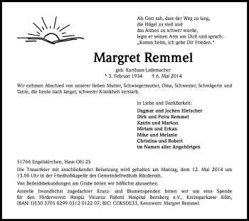 Anzeige von Margret Remmel von Kölner Stadt-Anzeiger / Kölnische Rundschau / Express