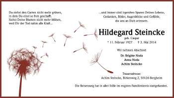 Anzeige von Hildegard Steincke von Kölner Stadt-Anzeiger / Kölnische Rundschau / Express