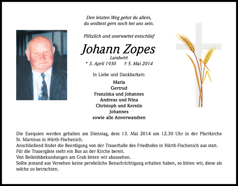  Traueranzeige für Johann Zopes vom 10.05.2014 aus Kölner Stadt-Anzeiger / Kölnische Rundschau / Express