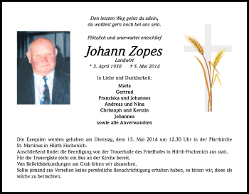 Anzeige von Johann Zopes von Kölner Stadt-Anzeiger / Kölnische Rundschau / Express