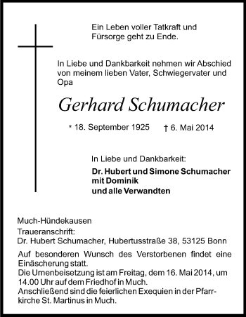 Anzeige von Gerhard Schumacher von Kölner Stadt-Anzeiger / Kölnische Rundschau / Express