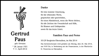 Anzeige von Gertrud Paus von Kölner Stadt-Anzeiger / Kölnische Rundschau / Express