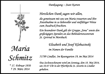 Anzeige von Maria Schmitz von Kölner Stadt-Anzeiger / Kölnische Rundschau / Express