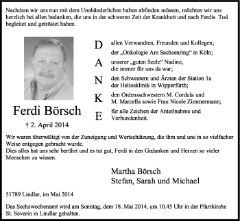 Anzeige von Ferdi Börsch von Kölner Stadt-Anzeiger / Kölnische Rundschau / Express