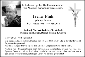 Anzeige von Irena Fink von Kölner Stadt-Anzeiger / Kölnische Rundschau / Express