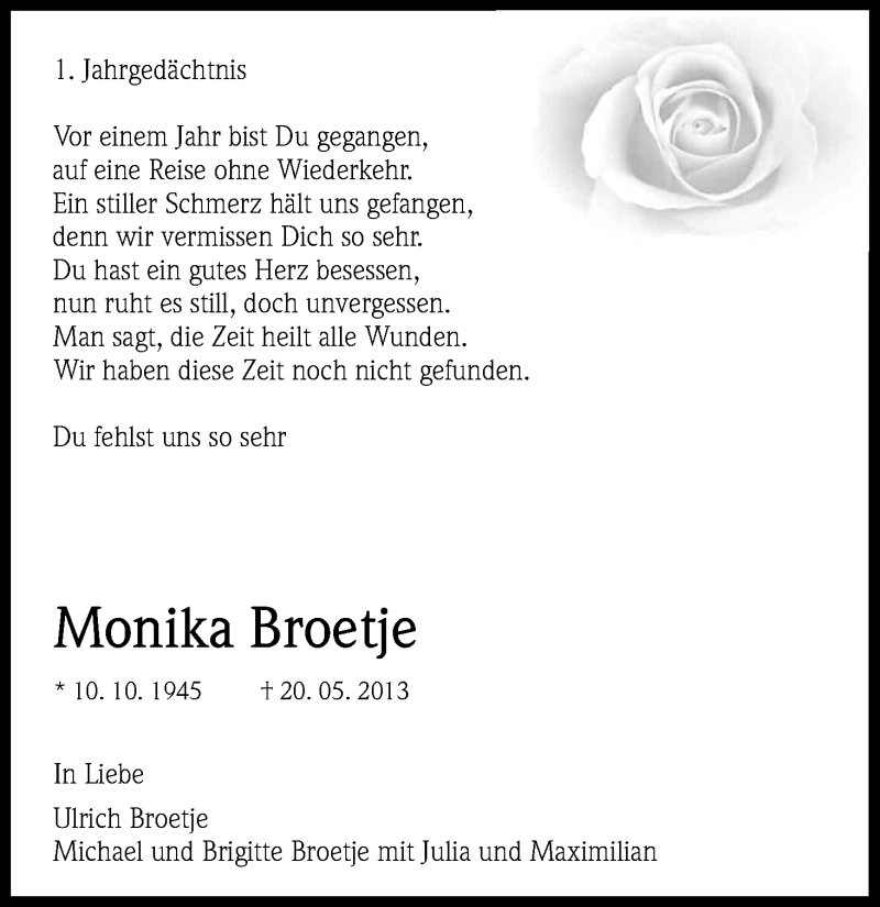  Traueranzeige für Monika Broetje vom 24.05.2014 aus Kölner Stadt-Anzeiger / Kölnische Rundschau / Express