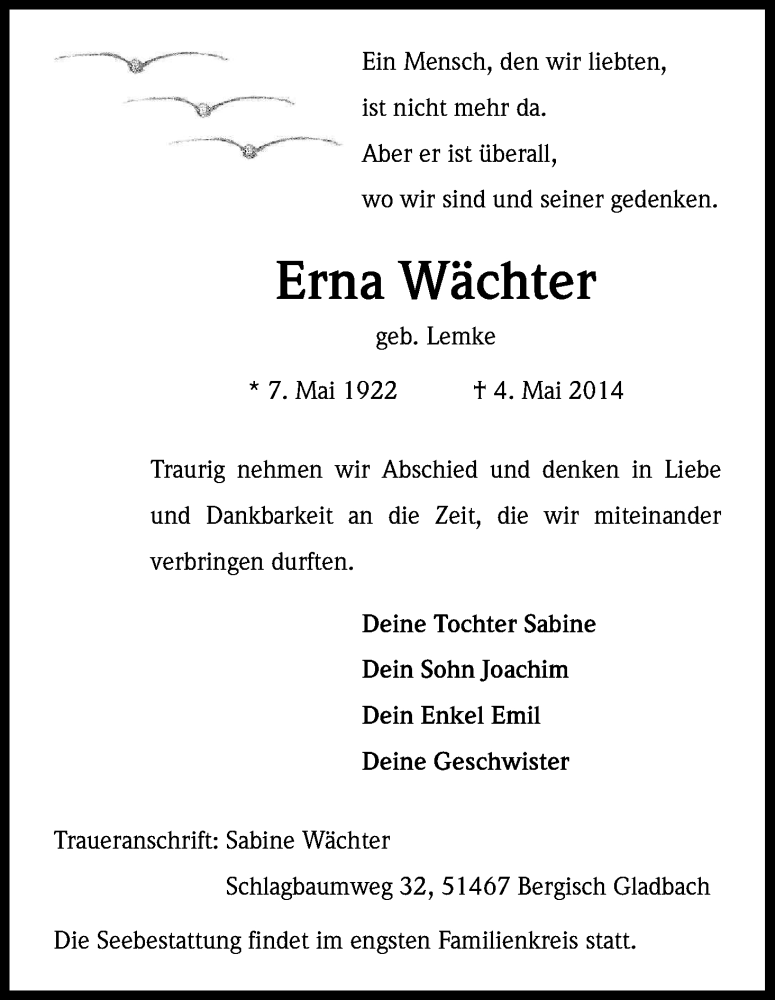  Traueranzeige für Erna Wächter vom 10.05.2014 aus Kölner Stadt-Anzeiger / Kölnische Rundschau / Express