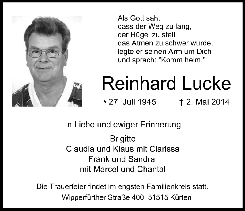  Traueranzeige für Reinhard Lucke vom 10.05.2014 aus Kölner Stadt-Anzeiger / Kölnische Rundschau / Express