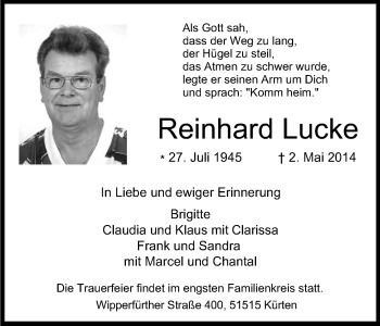 Anzeige von Reinhard Lucke von Kölner Stadt-Anzeiger / Kölnische Rundschau / Express