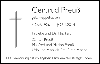 Anzeige von Gertrud Preuß von Kölner Stadt-Anzeiger / Kölnische Rundschau / Express