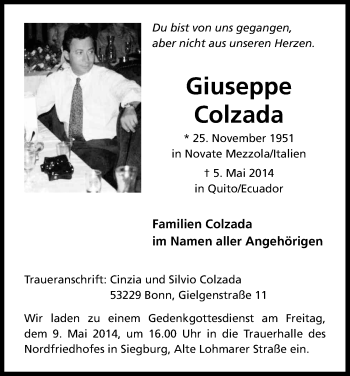 Anzeige von Giuseppe Colzada von Kölner Stadt-Anzeiger / Kölnische Rundschau / Express
