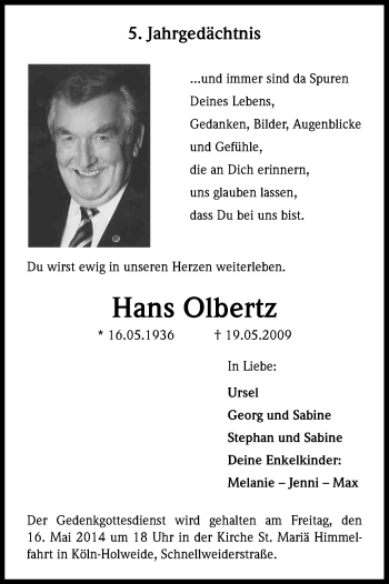 Anzeige von Hans Olbertz von Kölner Stadt-Anzeiger / Kölnische Rundschau / Express