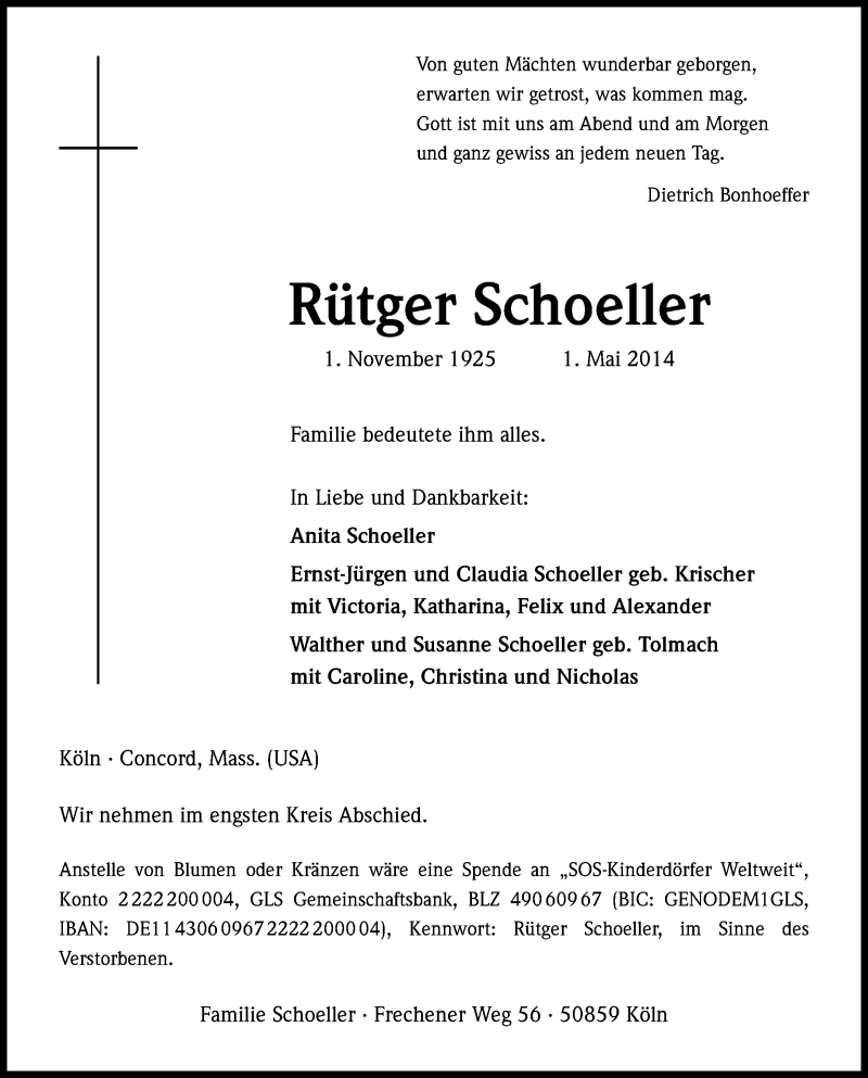  Traueranzeige für Rütger Schoeller vom 10.05.2014 aus Kölner Stadt-Anzeiger / Kölnische Rundschau / Express