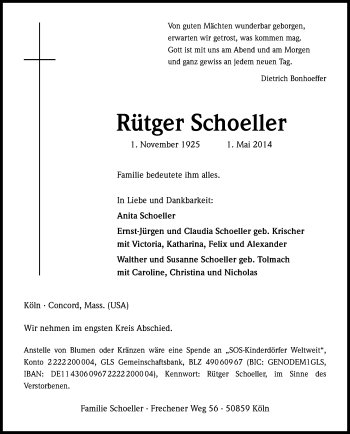 Anzeige von Rütger Schoeller von Kölner Stadt-Anzeiger / Kölnische Rundschau / Express