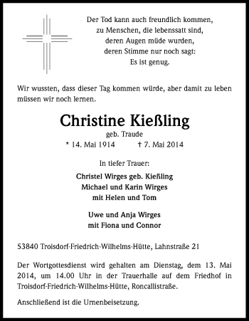 Anzeige von Christine Kießling von Kölner Stadt-Anzeiger / Kölnische Rundschau / Express