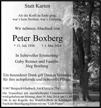 Anzeige von Peter Boxberg von Kölner Stadt-Anzeiger / Kölnische Rundschau / Express