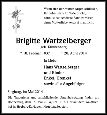Anzeige von Brigitte Wartzelberger von Kölner Stadt-Anzeiger / Kölnische Rundschau / Express