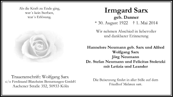 Anzeige von Irmgard Sarx von Kölner Stadt-Anzeiger / Kölnische Rundschau / Express