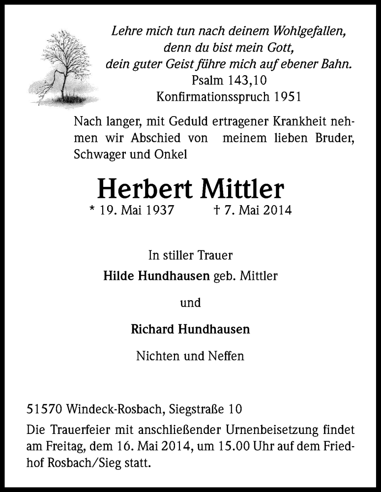  Traueranzeige für Herbert Mittler vom 10.05.2014 aus Kölner Stadt-Anzeiger / Kölnische Rundschau / Express