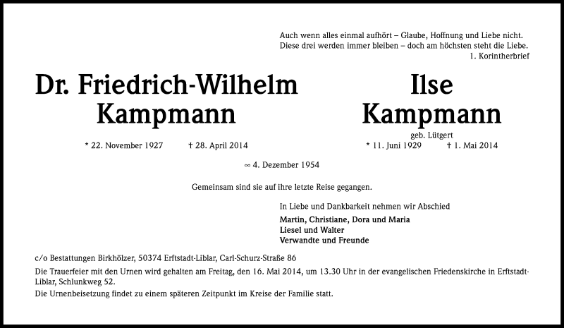  Traueranzeige für Friedrich- Wilhelm und Ilse Kampmann vom 14.05.2014 aus Kölner Stadt-Anzeiger / Kölnische Rundschau / Express