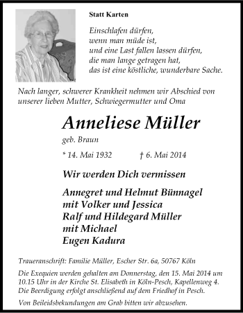 Anzeige von Anneliese Müller von Kölner Stadt-Anzeiger / Kölnische Rundschau / Express