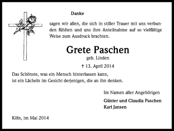 Anzeige von Grete Paschen von Kölner Stadt-Anzeiger / Kölnische Rundschau / Express
