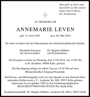 Anzeige von Aneemarie Leven von Kölner Stadt-Anzeiger / Kölnische Rundschau / Express