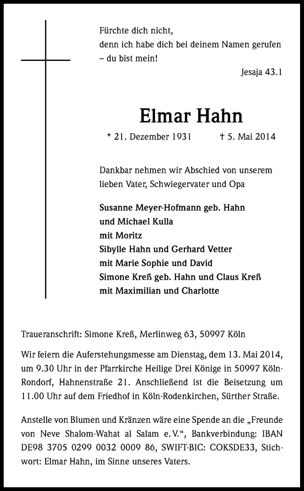  Traueranzeige für Elmar Hahn vom 10.05.2014 aus Kölner Stadt-Anzeiger / Kölnische Rundschau / Express