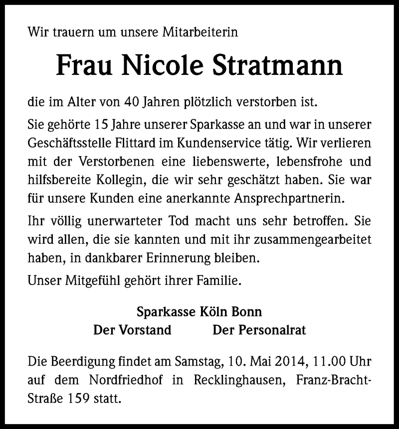  Traueranzeige für Nicole Stratmann vom 10.05.2014 aus Kölner Stadt-Anzeiger / Kölnische Rundschau / Express