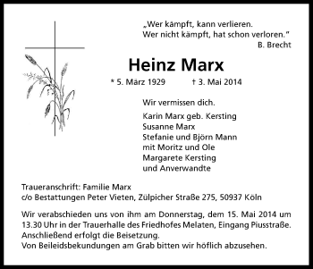 Anzeige von Heinz Marx von Kölner Stadt-Anzeiger / Kölnische Rundschau / Express