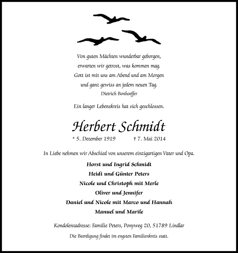  Traueranzeige für Herbert Schmidt vom 10.05.2014 aus Kölner Stadt-Anzeiger / Kölnische Rundschau / Express