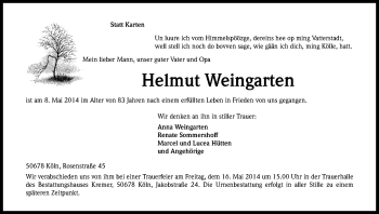 Anzeige von Helmut Weingarten von Kölner Stadt-Anzeiger / Kölnische Rundschau / Express