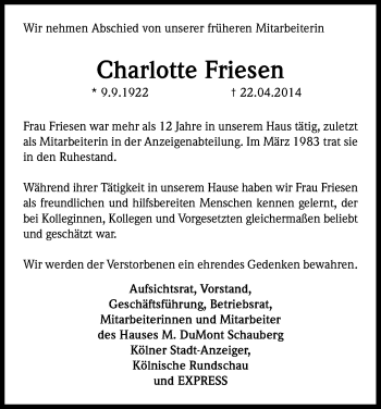 Anzeige von Charlotte Friesen von Kölner Stadt-Anzeiger / Kölnische Rundschau / Express