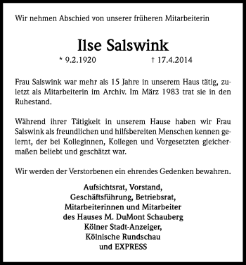 Anzeige von Ilse Salswink von Kölner Stadt-Anzeiger / Kölnische Rundschau / Express