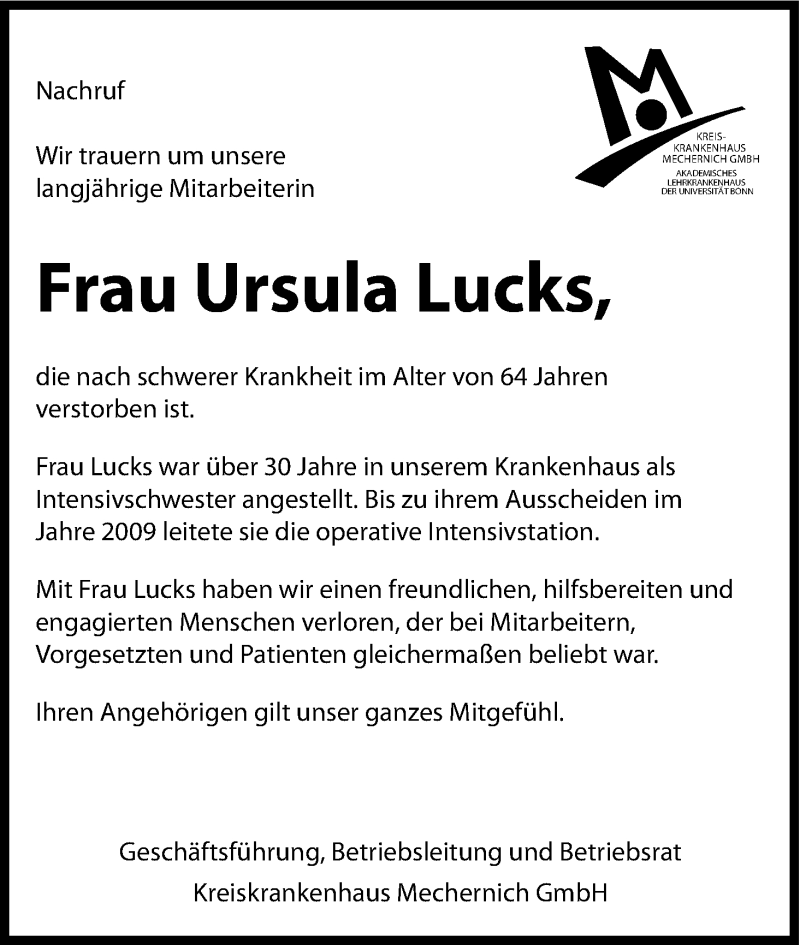  Traueranzeige für Ursula Lucks vom 10.05.2014 aus Kölner Stadt-Anzeiger / Kölnische Rundschau / Express