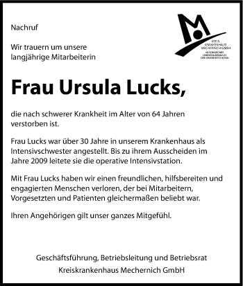 Anzeige von Ursula Lucks von Kölner Stadt-Anzeiger / Kölnische Rundschau / Express