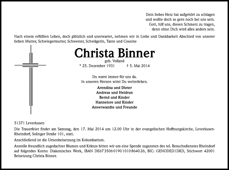  Traueranzeige für Christa Binner vom 10.05.2014 aus Kölner Stadt-Anzeiger / Kölnische Rundschau / Express