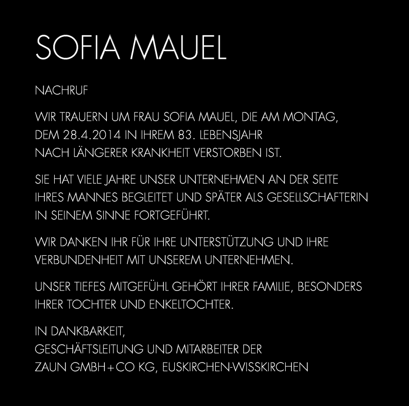  Traueranzeige für Sofia Mauel vom 10.05.2014 aus Kölner Stadt-Anzeiger / Kölnische Rundschau / Express