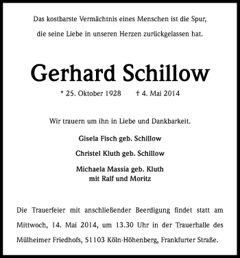 Anzeige von Gerhard Schillow von Kölner Stadt-Anzeiger / Kölnische Rundschau / Express