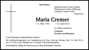 Anzeige von Maria Cremer von Kölner Stadt-Anzeiger / Kölnische Rundschau / Express
