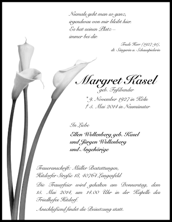 Anzeige von Margret Kasel von Kölner Stadt-Anzeiger / Kölnische Rundschau / Express