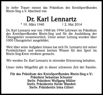 Anzeige von Karl Lennartz von Kölner Stadt-Anzeiger / Kölnische Rundschau / Express