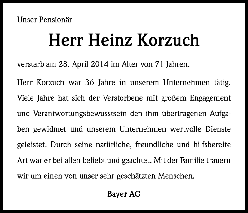  Traueranzeige für Heinz Korzuch vom 10.05.2014 aus Kölner Stadt-Anzeiger / Kölnische Rundschau / Express