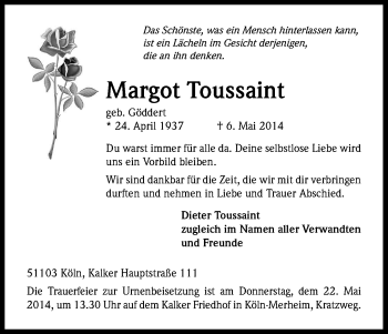 Anzeige von Margot Toussaint von Kölner Stadt-Anzeiger / Kölnische Rundschau / Express