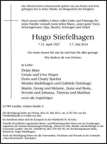 Anzeige von Hugo Stiefelhagen von Kölner Stadt-Anzeiger / Kölnische Rundschau / Express