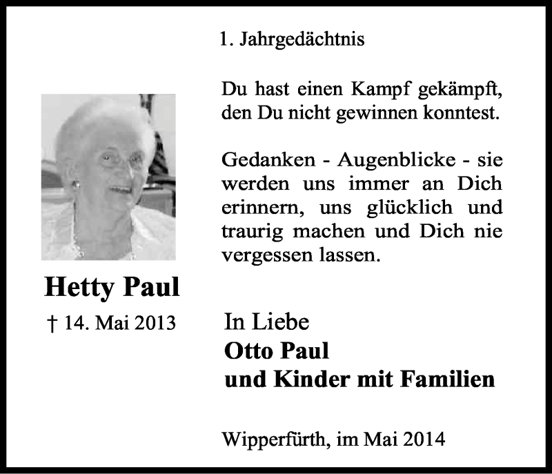  Traueranzeige für Hetty Paul vom 14.05.2014 aus Kölner Stadt-Anzeiger / Kölnische Rundschau / Express