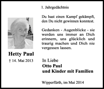 Anzeige von Hetty Paul von Kölner Stadt-Anzeiger / Kölnische Rundschau / Express