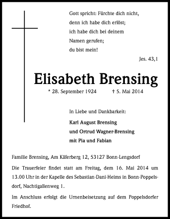 Anzeige von Elisabeth Brensing von Kölner Stadt-Anzeiger / Kölnische Rundschau / Express