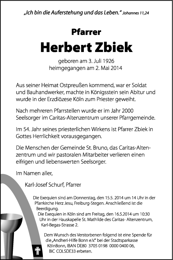  Traueranzeige für Herbert Zbiek vom 10.05.2014 aus Kölner Stadt-Anzeiger / Kölnische Rundschau / Express