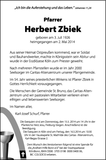 Anzeige von Herbert Zbiek von Kölner Stadt-Anzeiger / Kölnische Rundschau / Express